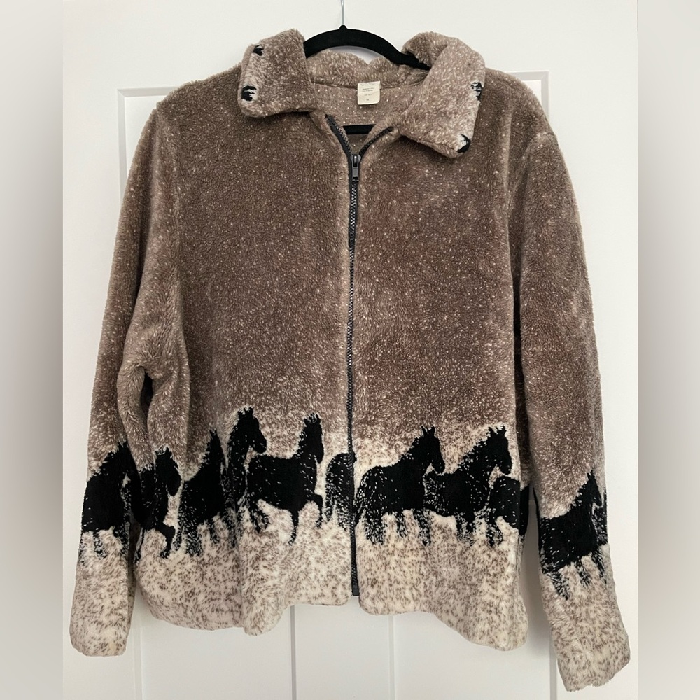 Vintage Western Horse Zip Fleece Jacket Brown